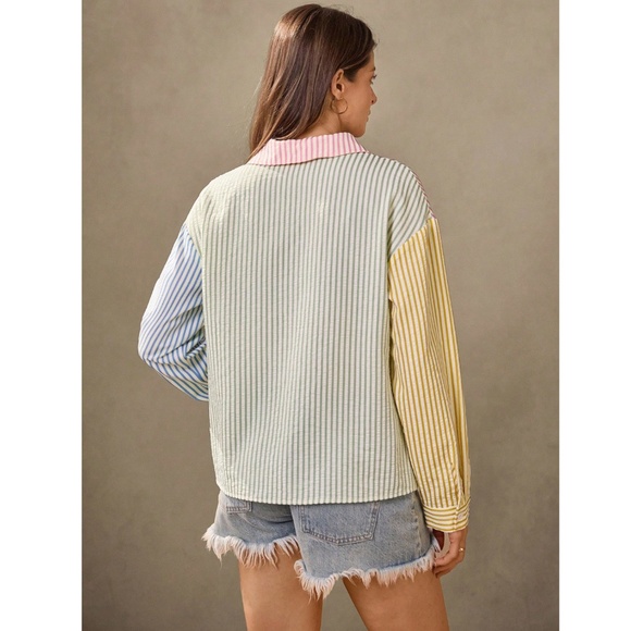 Multicolor Striped Casual Button Down Shirt (Blue, Green, Yellow, Pink - Picture 6 of 9